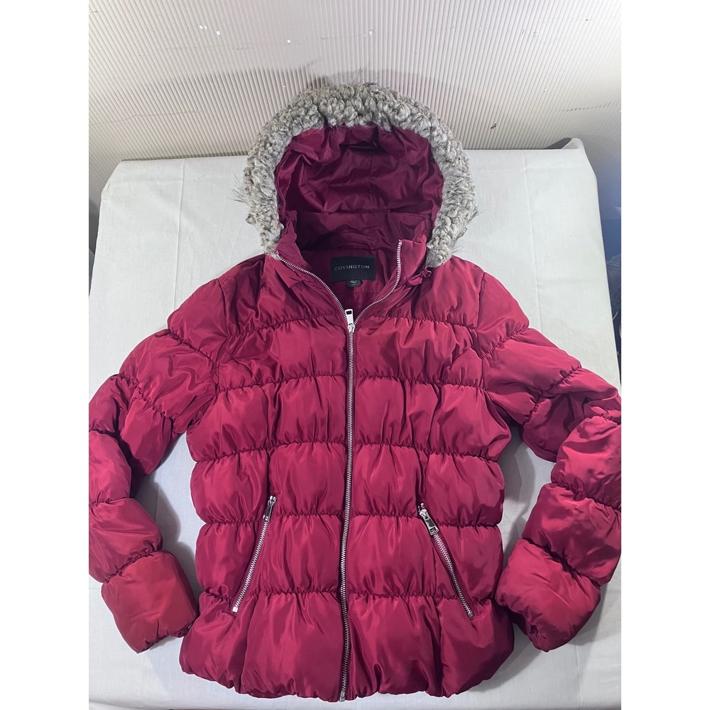 Covington Womens Puffer Jacket‎ Hooded Faux Fur Trim Red Size L
